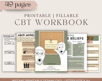 Cahier d'exercices de TCC pour l'anxiété et la pensée négative | Feuilles de travail sur la thérapie cognitivo-comportementale | Journal imprimable sur la santé mentale