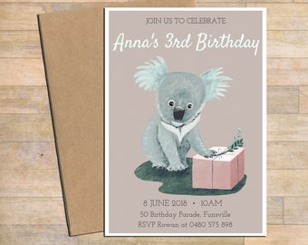 Digital download, Customised printable birthday invitation, koala printable invite, print-at-home invite, digital invitation, customised