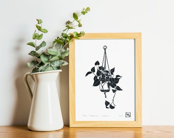 Houseplant linocut print, pot plant Lino art, botanical linoprint, philodendron art, linocut art print, indoor plant art, gift for mum