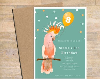 Pink cockatoo invite, digital birthday invitation, customisable party printable