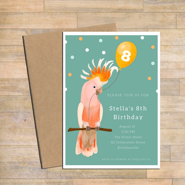Pink cockatoo invite, digital birthday invitation, customisable party printable