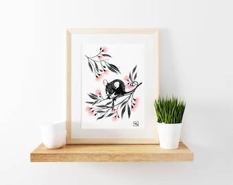 Possum linoprint, gum flowers linocut, kawaii wall art, limited edition, art for kids room, possum nursery decor, christening gift