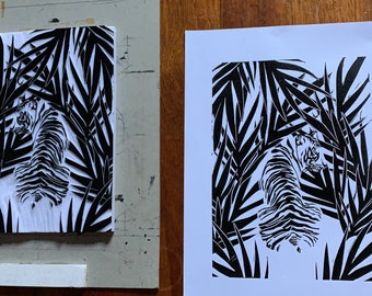 Jungle tiger linocut print, wild animal handmade linoprint