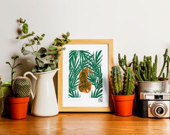 Tiger linoprint, animal linocut, jungle decor wall art, limited edition, art for kids room, tropical wall decor, big cat relief print