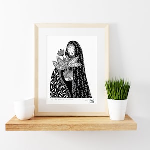 Folk art linoprint, woman linocut print, female art print, gift for daughter, boho gift, limited edition art.