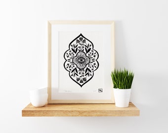 Folk art linoprint, art for yoga room, linocut print, mandala linoprint, gift for boho girl, meditative art, floral linocut print