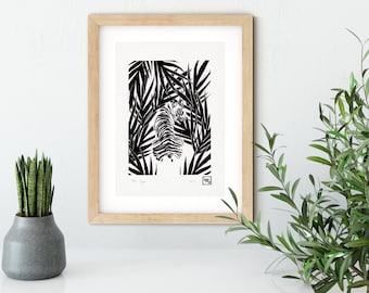 Jungle tiger linocut print, wild animal handmade linoprint, limited edition, kids room wall art, tropical wall decor, big cat block print