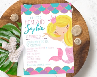 Little Mermaid, Mermaid Birthday Party Invitation, Pool Party, Birthday Party, Happy Birthday, Printed, Digital