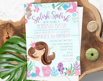 Splish Splash, it's a Mermaid Bash! Mermaid Birthday Party Invitation, Mermaid, Pool Party, Birthday Party, Digital, PRINTED