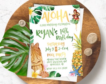 Luau Birthday Party Invitation, Aloha, Hawaii, Hawaiian Party, Tropical, Birthday, Pineapple, Hula Dancer, Orchids, Digital, PRINTED