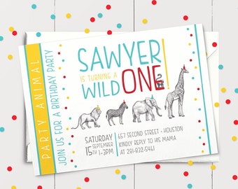 Zoo Animals, Wild One, Lion, Zebra, Monkey, Giraffe, Elephant, Birthday Party Invitation, Happy Birthday, Birthday Party, Digital File Only