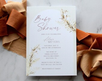 Pampas, Pampas Grass, Tan, Rust, Arch, Baby Shower Invitation