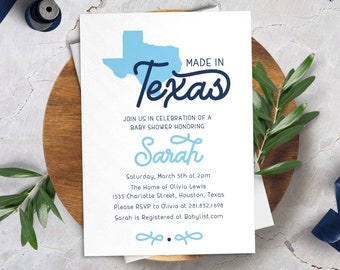 Made in Texas Baby Shower Invitation, TX, Original, Great State of Texas, Baby, Blue, Pink, Red, Wood Grain, PRINTED