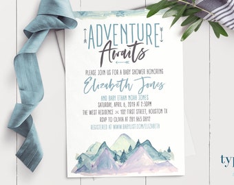 Adventure Mountain Baby Shower Invite, Adventure Awaits Baby Shower Invitation, Mountains Shower Invite, Teal, Exploring, PRINTED, Digital