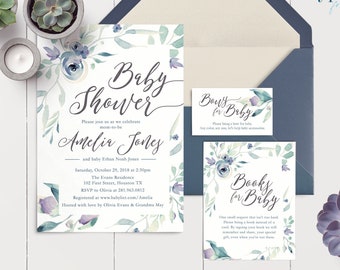 Floral, Watercolor, Baby Shower Invitation, Invite, Bows for Baby Card, Books Card, Flowers, Garden, Gray, Blue, Elegant, Digital Files Only
