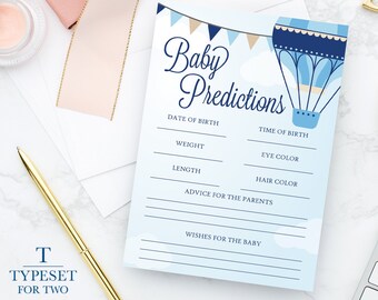 PRINTED Baby Predictions, Advice Card, Up Up and Away, Hot Air Balloon Baby Theme, Clouds, Sky, Blue, Gray