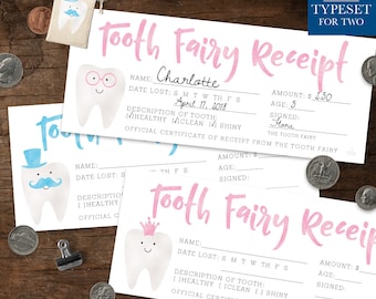 Lost Tooth Certificate, Tooth Fairy Receipt, Tooth Fairy, Glitter, Pillow Gift, Tooth Brush, Teeth, Pink, Blue, Instant Download