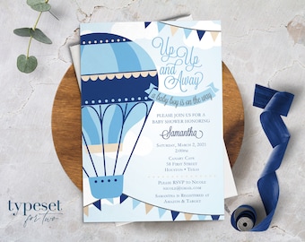 Up Up and Away, a baby is on the way, Hot Air Balloon Baby Shower Invitation, Clouds, Sky, Adventure, Blue, DIGITAL, PRINTED