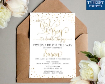 TWINS, Double the Joy Twins Baby Shower Invitation, Gold Dots, Girl, Boy, Babies, Twins Girl & Boy Baby Shower, Sparkle, Digital, Printed