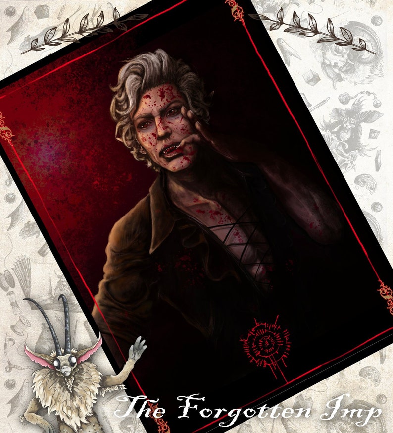 May include: Illustration of a pale-skinned figure with white hair and blood splattered on the face and chest. The figure is wearing a brown jacket and a laced shirt. The text "The Forgotten Imp" is at the bottom of the image.