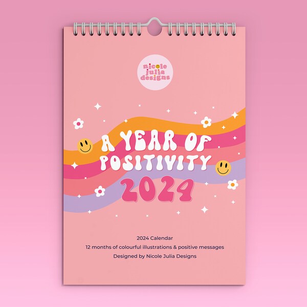 2024 Calendar A Year Of Positivity - Positive wellbeing monthly A4 wall calendar, Gifts for her, Christmas gift, Teacher gift, Secret santa