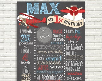 Birthday Poster Chalkboard Sign 16x20" Vintage, Airplanes, Airbus, Clouds, Red, Blue * Digital File ONLY Stats Milestone