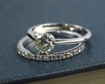 1.00ct Moissanite and Diamond Engagement Ring -Solitaire Engagement Ring -Diamond Eternity Wedding Ring -14ct-18ct White  Bridal Ring Set