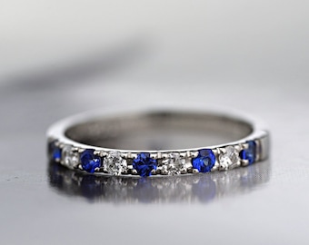 Platinum 950 Diamond and Blue Sapphire Half Eternity Ring, Platinum 2mm Wedding Band