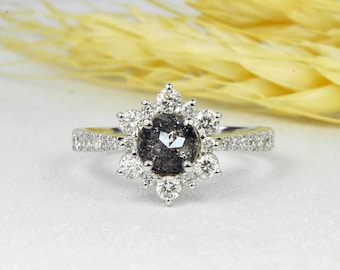 Salt and Pepper Diamond Engagement Ring | Grey Diamond Diamond Cluster Ring | White Gold Vintage ring | Halo Anniversary Unique Bridal Ring
