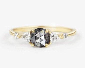 Salt and Pepper Diamond  Engagement Ring | Grey Diamond and Trillion Diamond ring | Stackable Ring in 9k/14k/18k Rose,Yellow,White Gold Ring