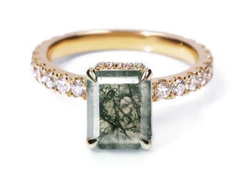 Moss agate and Diamond Unique Engagement Ring | Emerald Cut Natural Moss agate Dainty Engagement Ring | Affordable agate and Diamond Ring