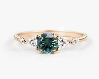 Teal Sapphire Engagement Ring Art deco Sapphire ring  Trillion Diamond ring  unique engagement Ring in Rose gold, Yellow gold or White Gold