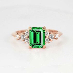 8 x 6mm Emerald Cut Green Tsavorite Engagement Ring | Wedding Bridal Promise Ring | Princess Cut Diamond and 1.52ct Green Tsavorite Ring