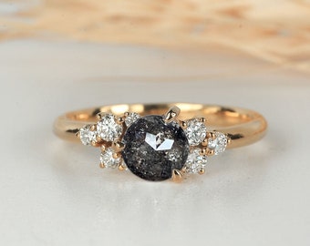 Salt and Pepper Diamond Engagement Ring | Natural Diamond Ring | Rose Gold Vintage Ring | Anniversary Ring | Unique Bridal Ring for her