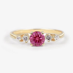 Dark Pink Sapphire and Diamond Engagement Ring | Three stone ring | Anniversary Ring | 9k/14k/18k Rose, White, Yellow Gold Ring for her