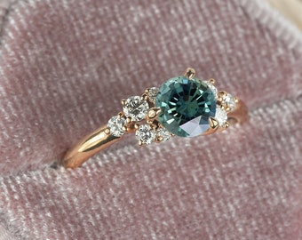 Teal Sapphire Engagement Ring | Natural Teal Cluster Ring | Rose Gold Vintage Ring | Organic Anniversary Ring | Unique Bridal Ring for her