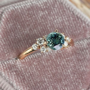 Teal Sapphire Engagement Ring | Natural Teal Cluster Ring | Rose Gold Vintage Ring | Organic Anniversary Ring | Unique Bridal Ring for her