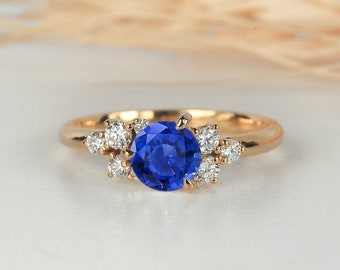 Medium Blue Sapphire Engagement Ring | Sapphire Cluster Ring | Rose Gold Vintage ring | Natural Blue Anniversary Ring | Unique Bridal Ring