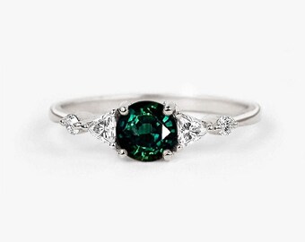 Natural Bluish Teal Sapphire and Trilliant Diamond Ring | Vintage Inspired Bridal Promise Ring | Art deco Dainty Ring 9k/14k/18k Rose Gold