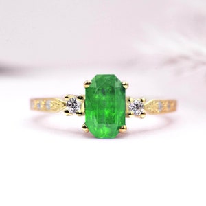 6 x 8mm Radiant Green Tsavorite Art deco Ring | Bridal Anniversary Ring in Yellow Gold | Vintage Tsavorite and Diamond Ring with Diamonds