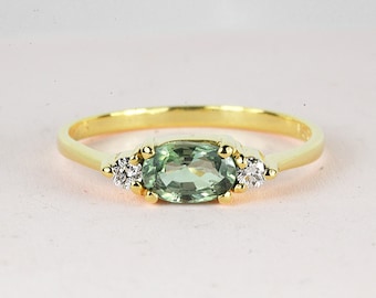 Oval Green Sapphire Diamond Engagement Ring/Green Gem Classic Engagement ring/Birthday Diamond Ring/Sapphire ring/Rings