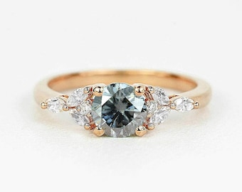 Round Grey Moissanite and Marquise Diamond Engagement Ring | Dainty Engagement Ring | Bridal Promise Art deco Bespoke Ring | Vintage ring