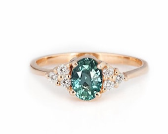 Vivid Oval Teal Sapphire Engagement Ring | Natural Teal Sapphire and Diamond Triplets Engagement Ring | Art deco Style Bridal Promise Ring