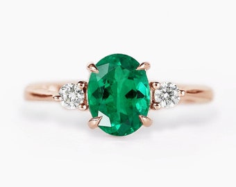 Oval Emerald Engagement Ring | 9k/14k/18k Rose Gold Engagement Ring | Alternative Diamond and Emerald Ring | Vintage Three Stones Ring