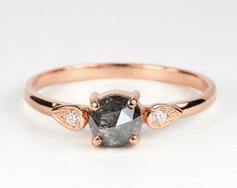 Round Diamond Ring-Rose Cut Diamond Engagement Ring-Salt and Pepper Diamond Ring-Dainty Engagement Ring-Rose Gold Diamond Ring-Made to Order