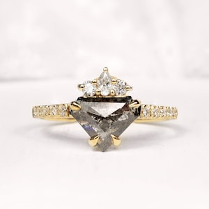 Salt and Pepper Diamond Engagement Ring, Trillion Triangle Shape Rose Cut Diamond Ring, Black Diamond Ring, Rose Cut Geometric Diamond Ring
