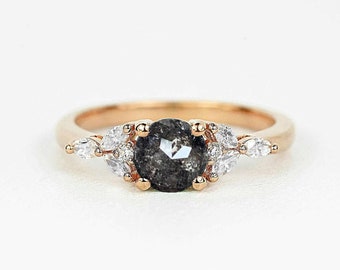 Salt and Pepper Diamond and Marquise Diamond Engagement Ring | Dainty Engagement Ring | Bridal Promise Art deco Bespoke Ring | Vintage ring