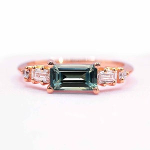 Teal Sapphire and Diamond Art deco Engagement Ring | Dainty Unique Handmade Ring | Baguette Diamond and 4.5 x 8mm Sapphire Rose Gold Ring