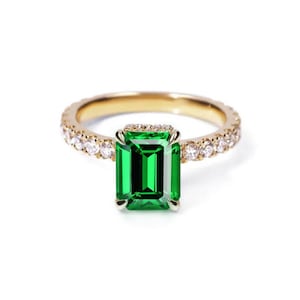 Green Tsavorite and Diamond Engagement Ring | Emerald Cut Natural Tsavorite Dainty Engagement Ring | Affordable Tsavorite and Diamond Ring