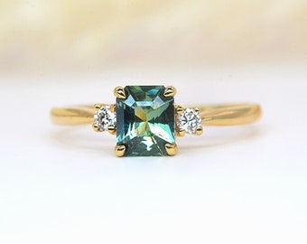 Mint green sapphire featuring art deco engagement ring | Emerald square cut green sapphire featuring dainty ring | three stones bridal ring